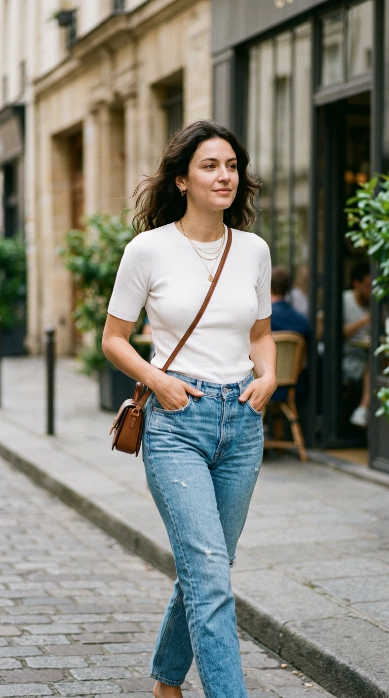 A woman in a fitted white ribbed knit top that shows a smooth, lifted silhouette, photorealistic luxury editorial fashion street style, shot on 35mm lens, highly detailed, ultra-realistic, soft natural lighting, editorial aesthetic, no text --ar 9:16