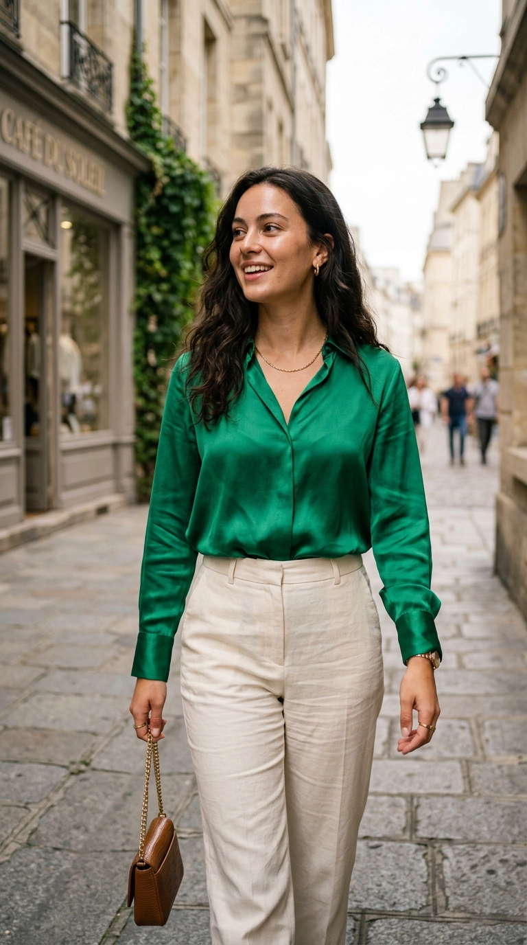 A woman with glowing skin wearing a vibrant emerald green silk blouse that complements her complexion, photorealistic luxury editorial fashion street style, shot on 35mm lens, highly detailed, ultra-realistic, soft natural lighting, editorial aesthetic, no text --ar 9:16