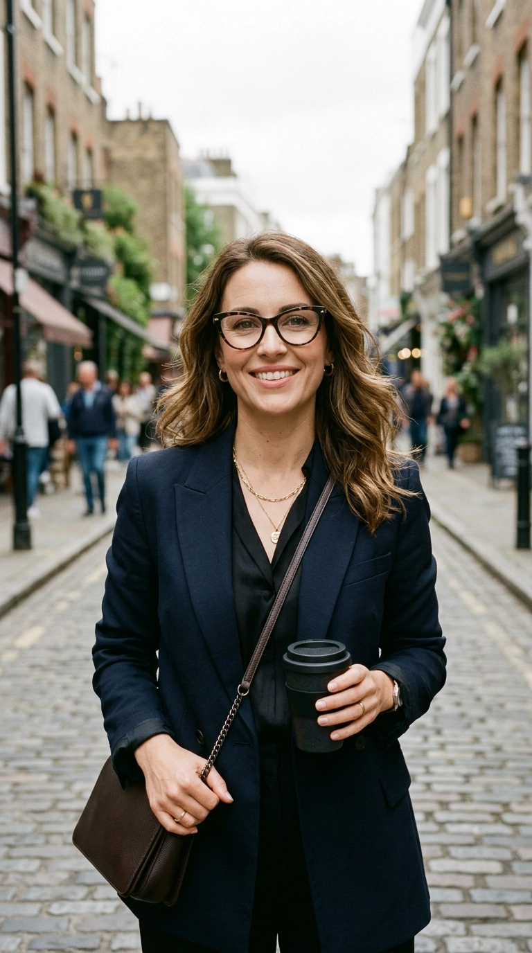 A woman wearing stylish, slightly upturned cat-eye glasses in a dark tortoiseshell frame, smiling confidently, photorealistic luxury editorial fashion street style, shot on 35mm lens, highly detailed, ultra-realistic, soft natural lighting, editorial aesthetic, no text --ar 9:16