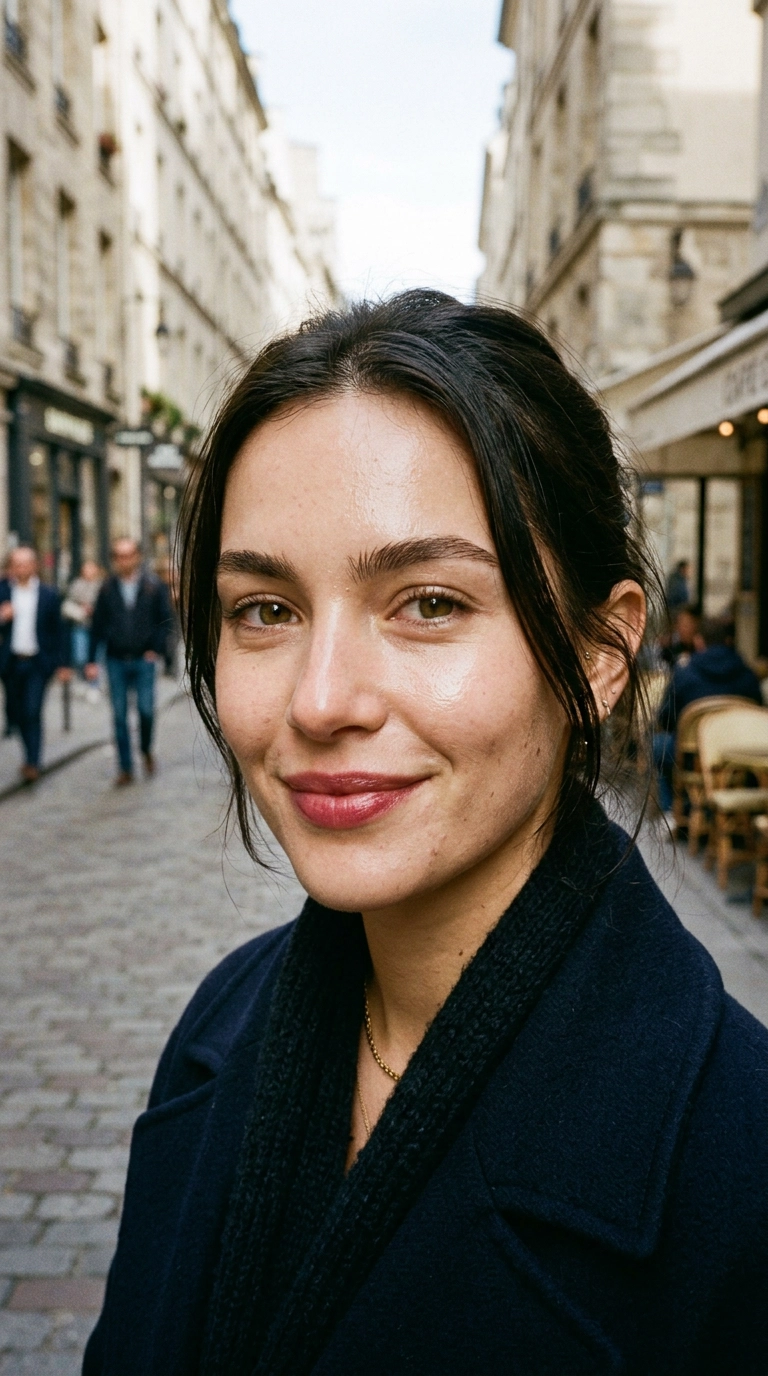 A close-up of a woman with luminous, dewy skin, soft berry tinted lip balm, and groomed eyebrows, photorealistic luxury editorial fashion street style, shot on 35mm lens, highly detailed, ultra-realistic, soft natural lighting, editorial aesthetic, no text --ar 9:16