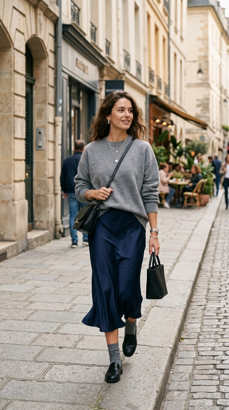 A woman wearing a navy blue silk slip skirt with an oversized gray cashmere sweater and silver jewelry, photorealistic luxury editorial fashion street style, shot on 35mm lens, highly detailed, ultra-realistic, soft natural lighting, editorial aesthetic, no text --ar 9:16