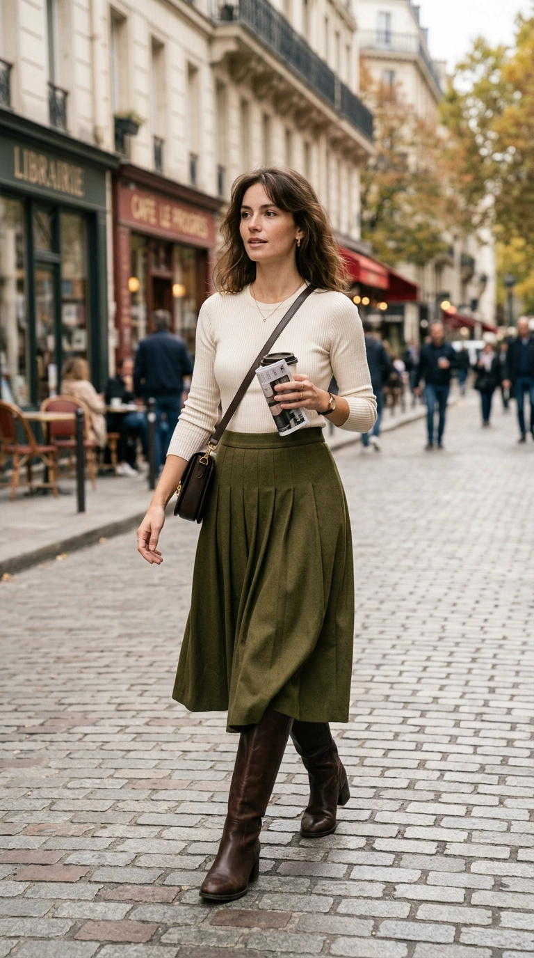 A woman wearing an elegant midi skirt that hits just above the ankle, paired with a fitted knit top and tall boots, photorealistic luxury editorial fashion street style, shot on 35mm lens, highly detailed, ultra-realistic, soft natural lighting, editorial aesthetic, no text --ar 9:16