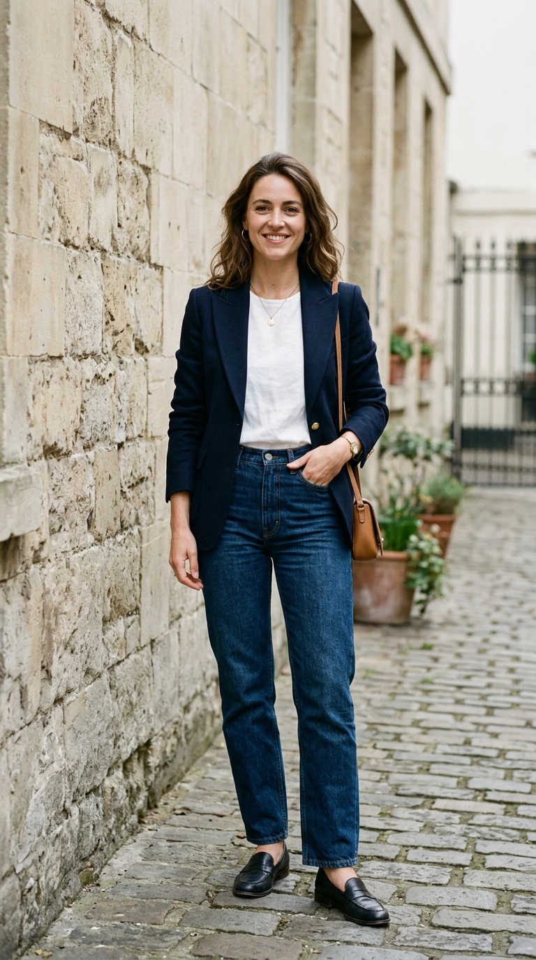 A chic woman wearing a well-tailored navy blazer over a crisp white t-shirt and straight-leg denim, standing against a clean stone wall, photorealistic luxury editorial fashion street style, shot on 35mm lens, highly detailed, ultra-realistic, soft natural lighting, editorial aesthetic, no text --ar 9:16