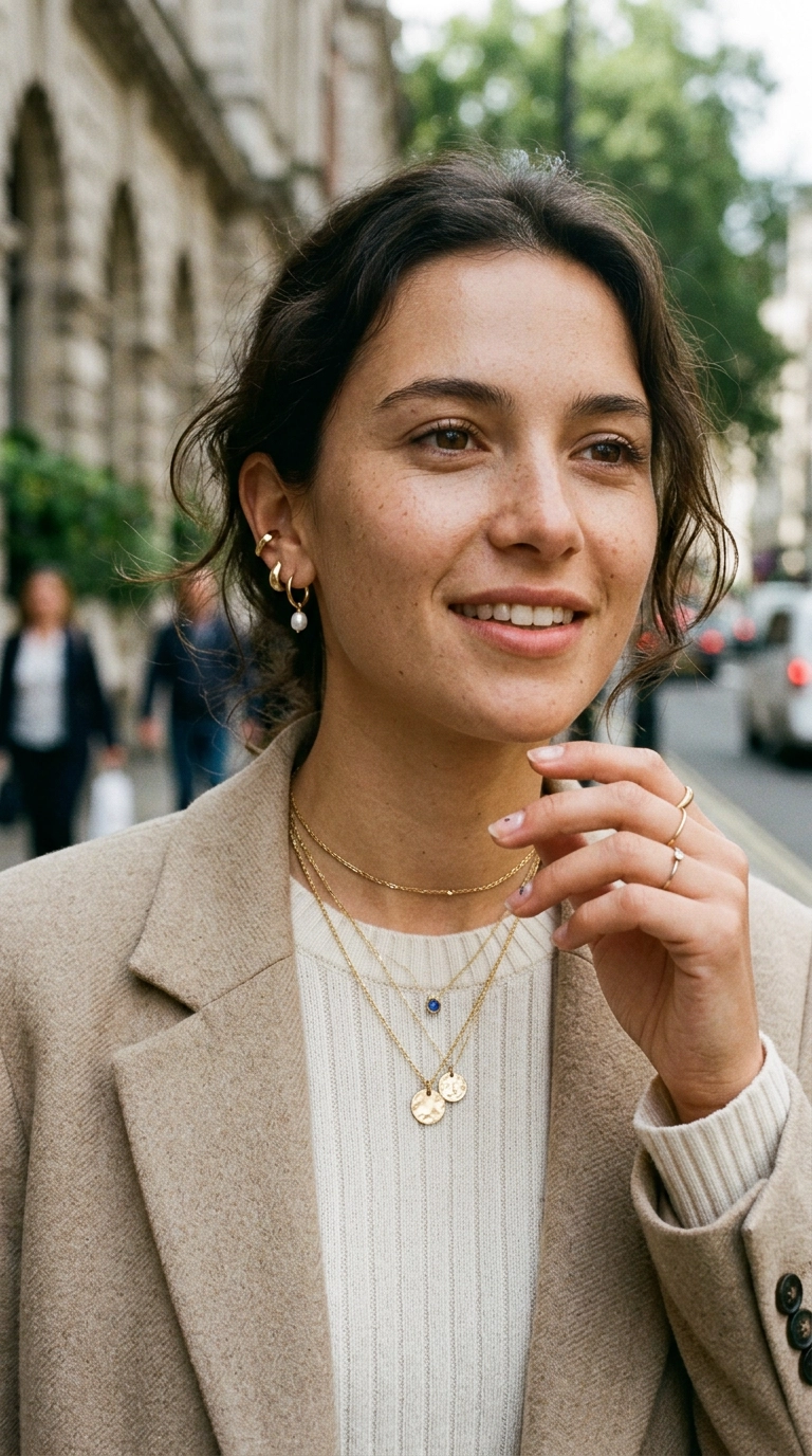 Close up of a woman wearing layered delicate gold necklaces and mismatched modern earrings, minimalist luxury aesthetic, photorealistic luxury editorial fashion street style, shot on 35mm lens, highly detailed, ultra-realistic, soft natural lighting, editorial aesthetic, no text --ar 9:16