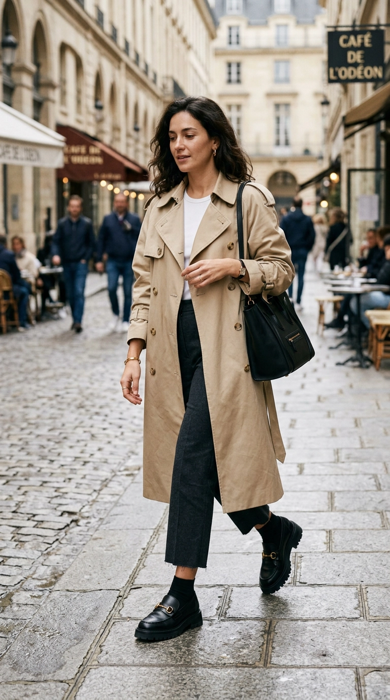 A woman walking in stylish leather loafers with a modern chunky sole, paired with cropped trousers and a trench coat, photorealistic luxury editorial fashion street style, shot on 35mm lens, highly detailed, ultra-realistic, soft natural lighting, editorial aesthetic, no text --ar 9:16