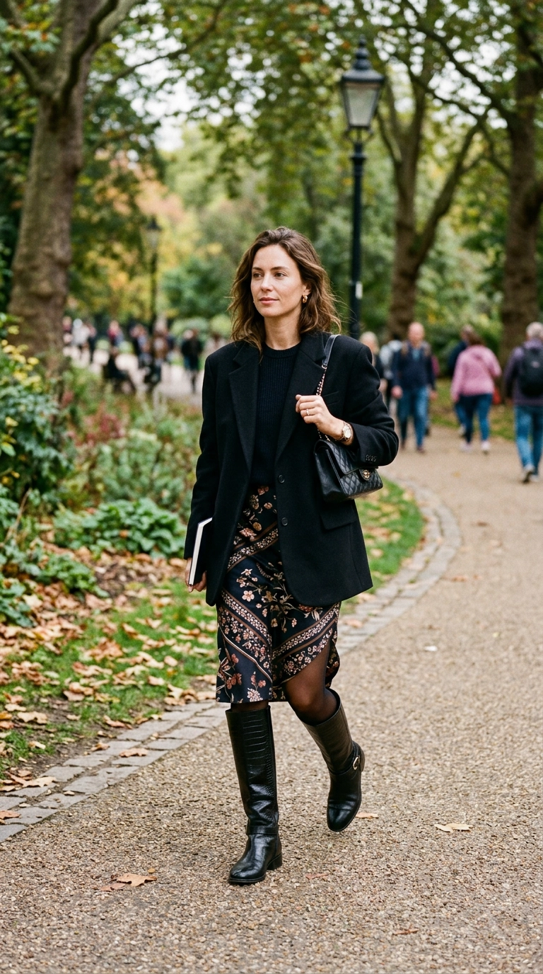 A fashion editor in a midi skirt and sheer black tights with high-end leather boots, walking through a city park, photorealistic luxury editorial fashion street style, shot on 35mm lens, highly detailed, ultra-realistic, soft natural lighting, editorial aesthetic, no text --ar 9:16