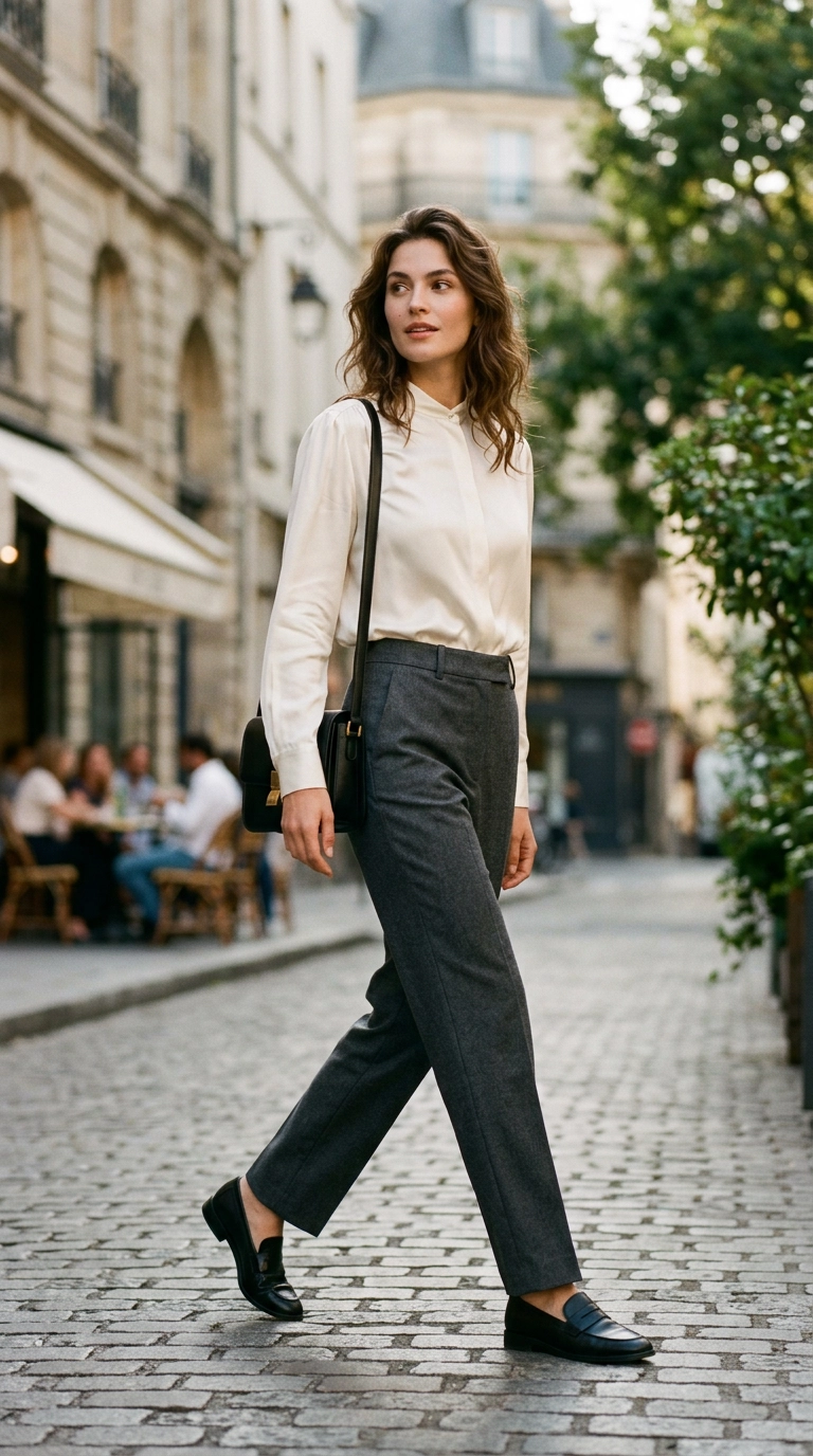 A woman in a perfectly fitting silk blouse and tailored trousers showing a clean, lifted silhouette, photorealistic luxury editorial fashion street style, shot on 35mm lens, highly detailed, ultra-realistic, soft natural lighting, editorial aesthetic, no text --ar 9:16