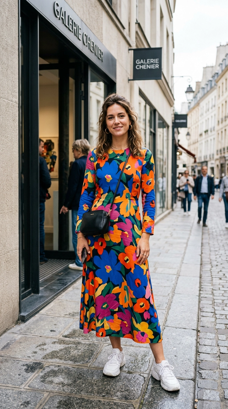 A woman wearing a bold, large-scale abstract floral print dress in vibrant colors, standing in front of an art gallery, photorealistic luxury editorial fashion street style, shot on 35mm lens, highly detailed, ultra-realistic, soft natural lighting, editorial aesthetic, no text --ar 9:16