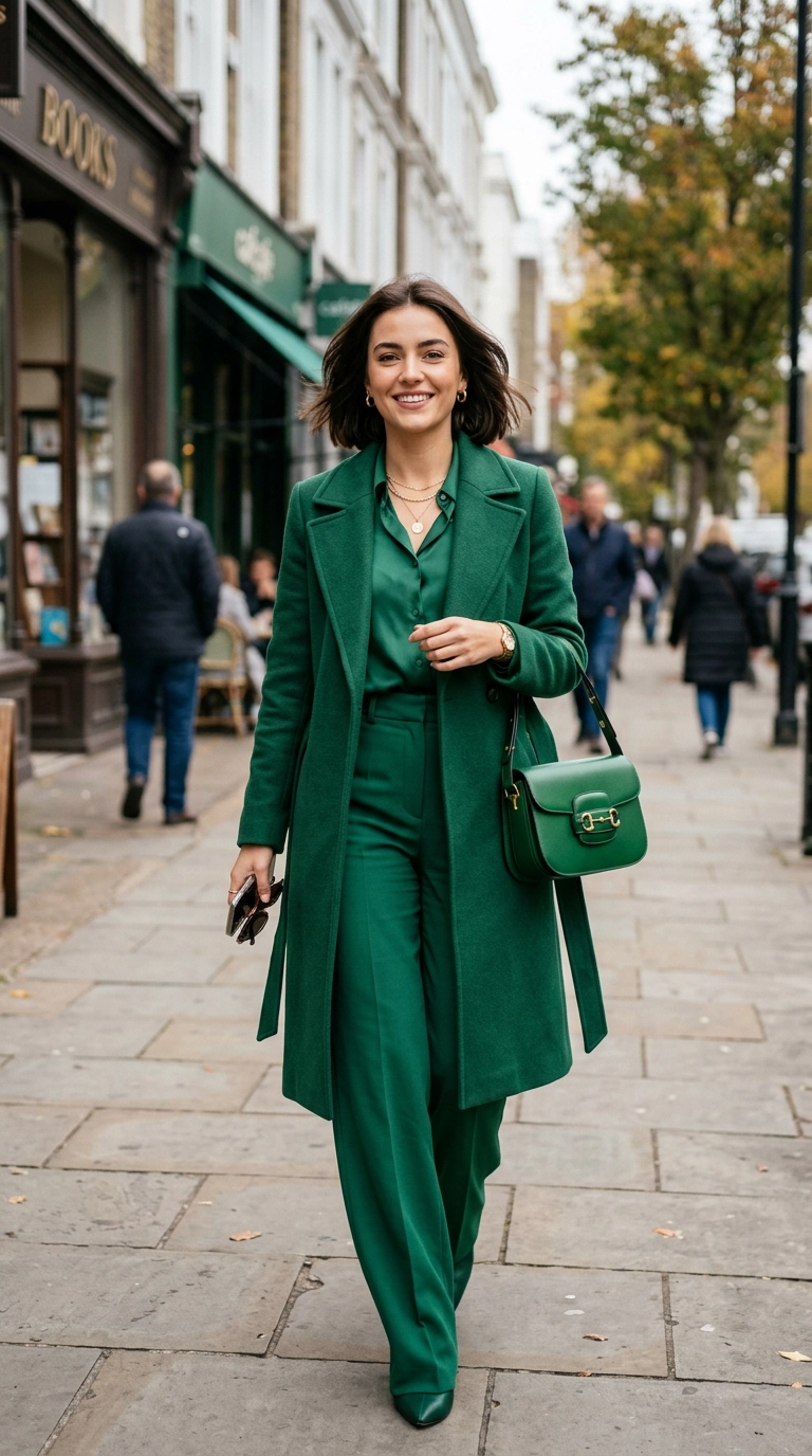 A woman wearing a monochromatic outfit in a rich emerald green, looking confident and vibrant, photorealistic luxury editorial fashion street style, shot on 35mm lens, highly detailed, ultra-realistic, soft natural lighting, editorial aesthetic, no text --ar 9:16