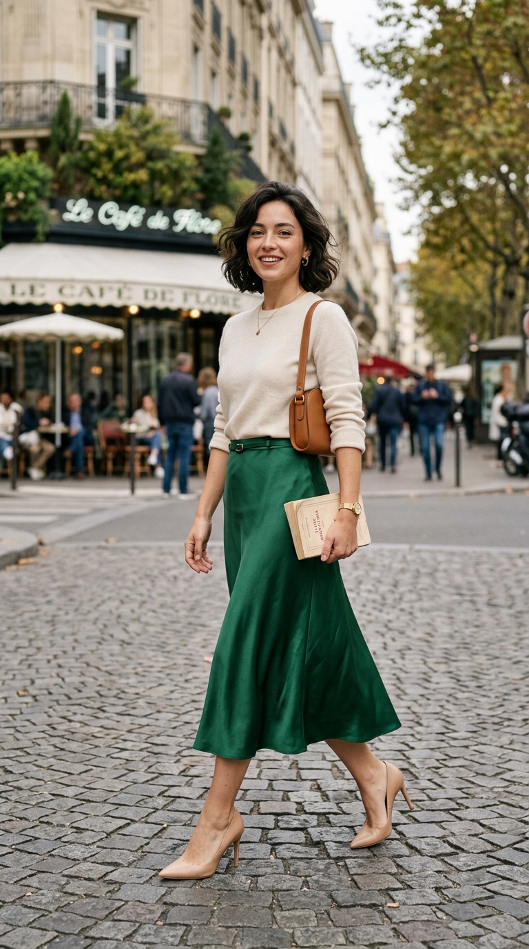 A petite woman wearing a high-waisted silk midi skirt that hits just two inches below the knee, paired with nude pointed-toe heels, photorealistic luxury editorial fashion street style, shot on 35mm lens, highly detailed, ultra-realistic, soft natural lighting, editorial aesthetic, no text, no typography --ar 9:16