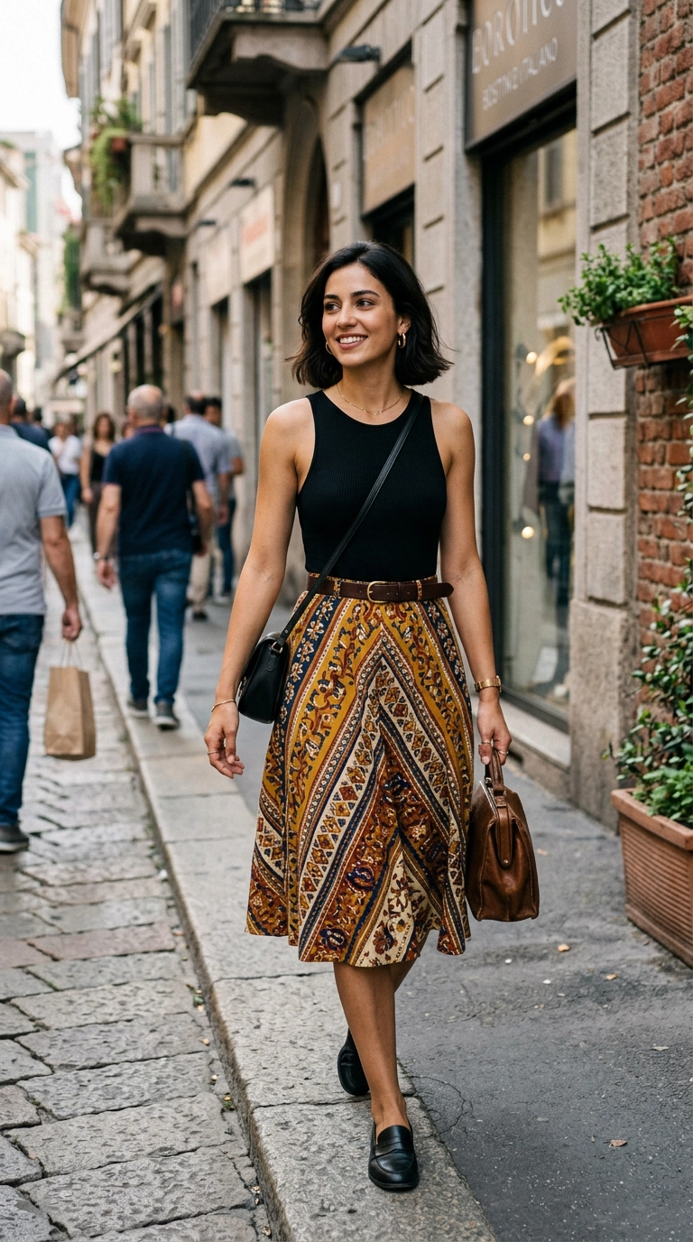 A stylish woman in a fitted black bodysuit tucked into a vibrant patterned A-line midi skirt, cinched with a slim leather belt, photorealistic luxury editorial fashion street style, shot on 35mm lens, highly detailed, ultra-realistic, soft natural lighting, editorial aesthetic, no text, no typography --ar 9:16