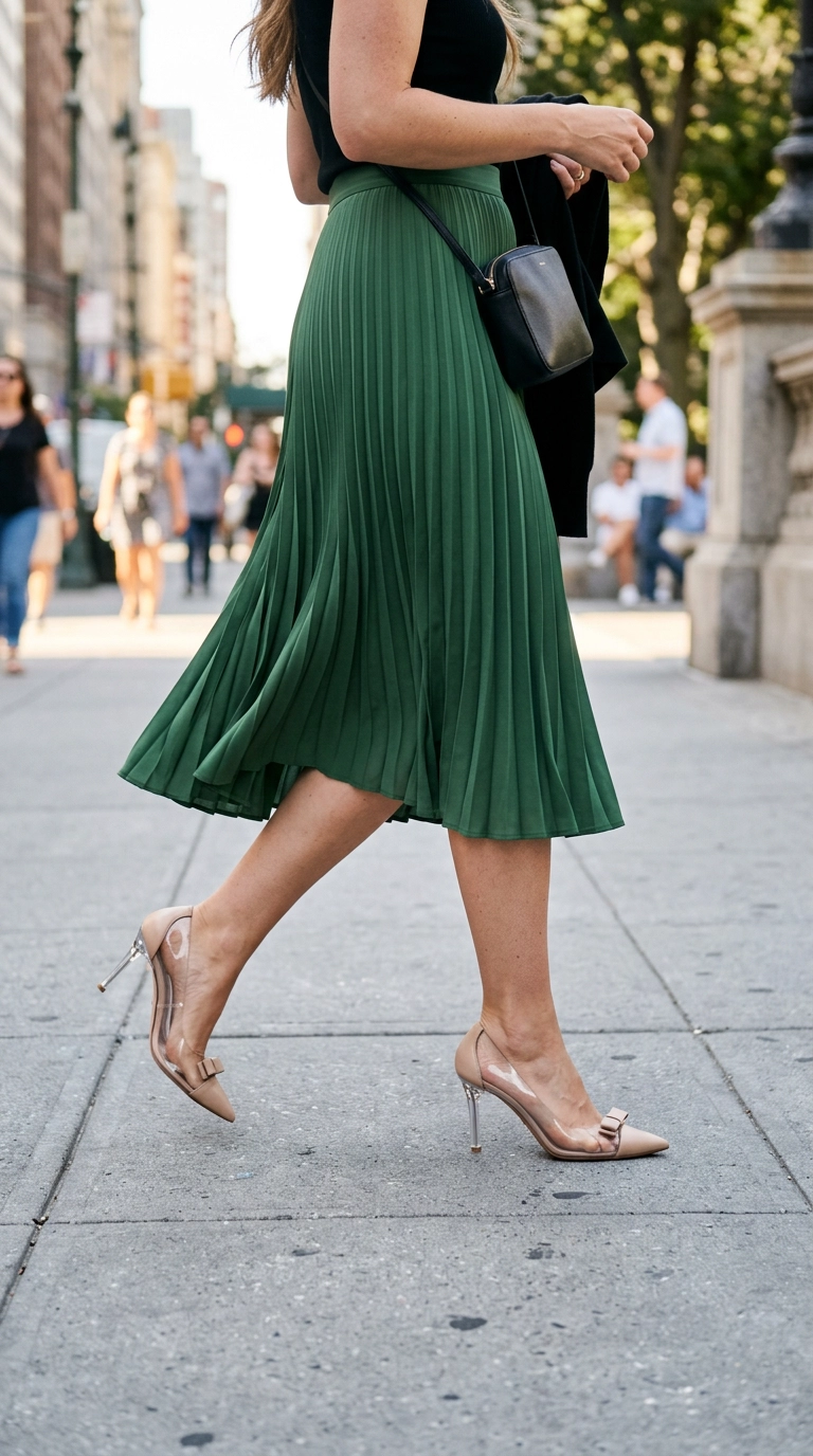 Close-up of a woman's legs in a pleated midi skirt and clear PVC pointed-toe pumps, walking on a clean city sidewalk, photorealistic luxury editorial fashion street style, shot on 35mm lens, highly detailed, ultra-realistic, soft natural lighting, editorial aesthetic, no text, no typography --ar 9:16