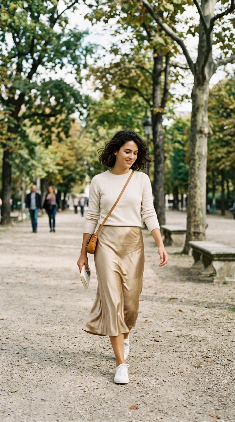 A petite model wearing a fluid, bias-cut satin midi skirt in champagne gold, walking through a park, photorealistic luxury editorial fashion street style, shot on 35mm lens, highly detailed, ultra-realistic, soft natural lighting, editorial aesthetic, no text, no typography --ar 9:16