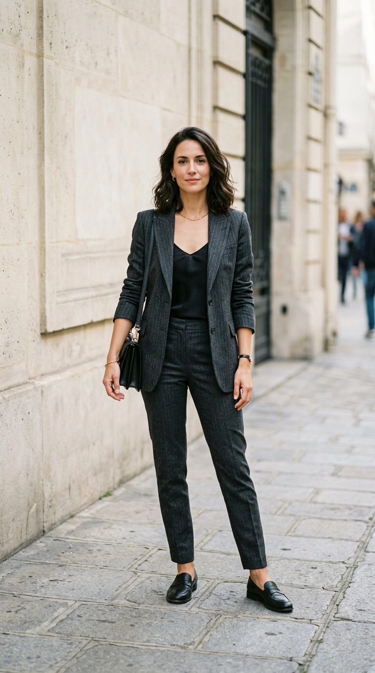 photorealistic luxury editorial fashion street style, shot on 35mm lens, highly detailed, ultra-realistic, soft natural lighting, editorial aesthetic. A woman wearing a perfectly tailored charcoal wool blazer over a silk camisole and slim trousers, standing against a minimalist stone wall, full body shot, no text --ar 9:16