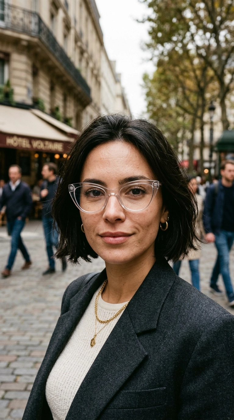 photorealistic luxury editorial fashion street style, shot on 35mm lens, highly detailed, ultra-realistic, soft natural lighting, editorial aesthetic. A woman with a chic bob wearing modern clear-frame cat-eye glasses, looking directly at the camera, close-up portrait, no text --ar 9:16