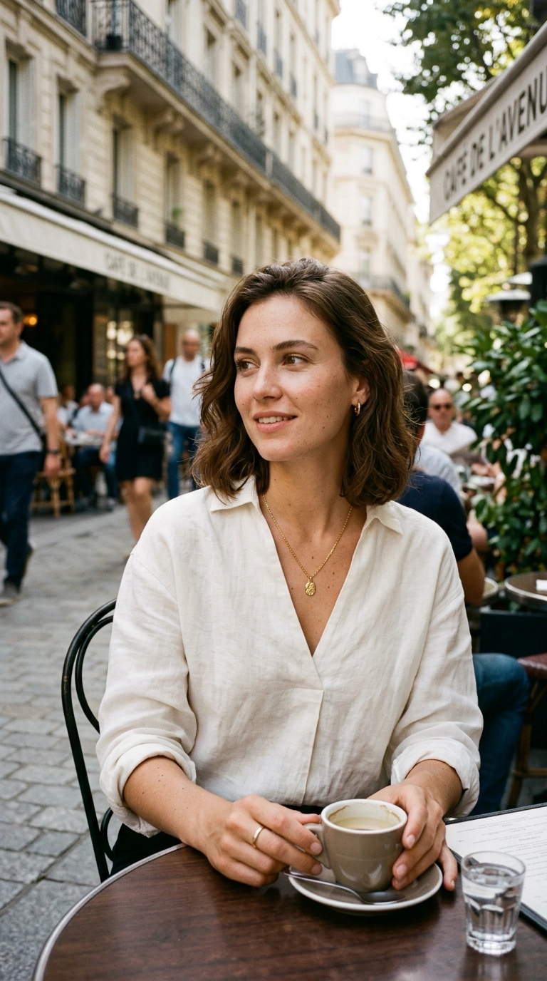 photorealistic luxury editorial fashion street style, shot on 35mm lens, highly detailed, ultra-realistic, soft natural lighting, editorial aesthetic. A woman wearing a crisp V-neck linen shirt with a delicate gold pendant necklace, sitting at an outdoor cafe, mid-shot, no text --ar 9:16