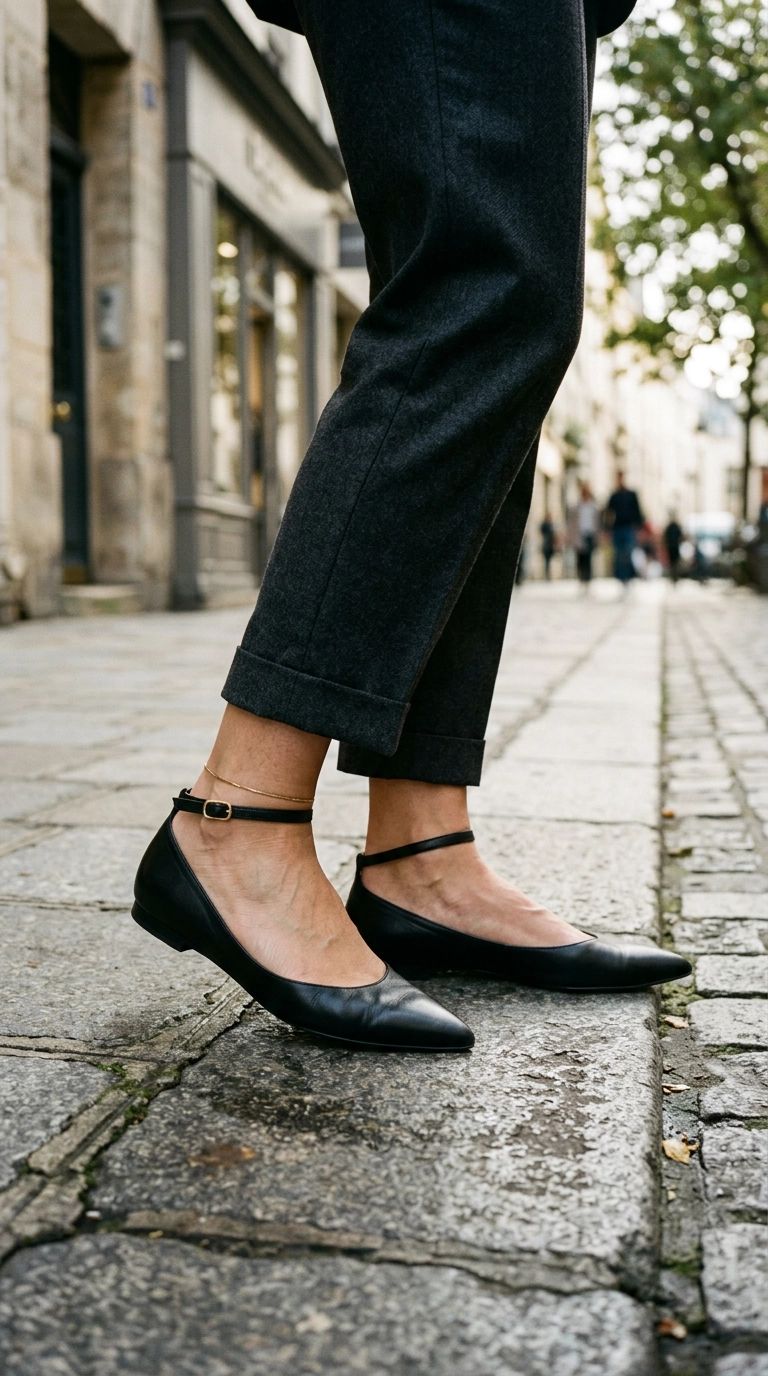 photorealistic luxury editorial fashion street style, shot on 35mm lens, highly detailed, ultra-realistic, soft natural lighting, editorial aesthetic. A woman wearing stylish pointed-toe leather flats with a slim ankle strap, paired with cropped trousers, close-up on feet, no text --ar 9:16