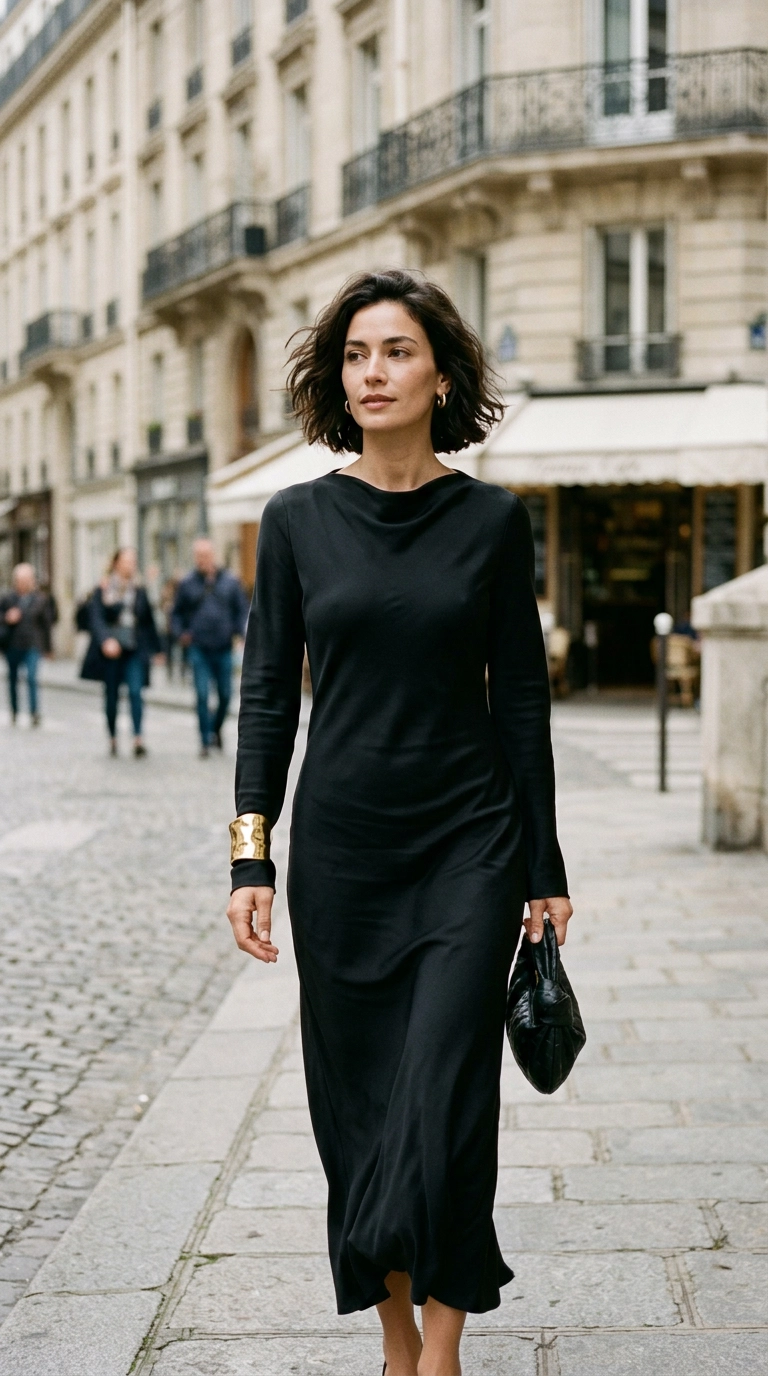 photorealistic luxury editorial fashion street style, shot on 35mm lens, highly detailed, ultra-realistic, soft natural lighting, editorial aesthetic. A woman wearing a single bold gold cuff and minimal hoop earrings, looking elegant in a black dress, no text --ar 9:16
