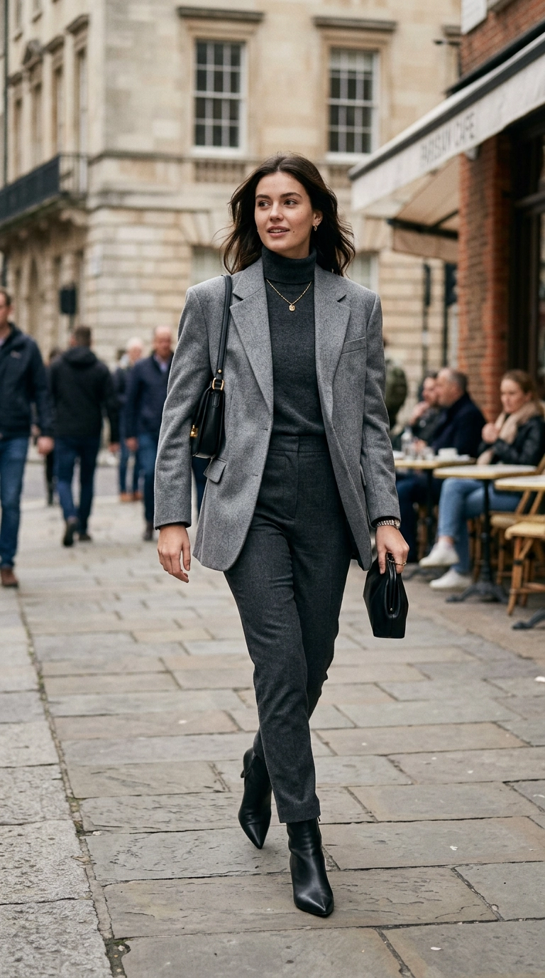 A fashion model wearing a balanced oversized blazer with slim-fit trousers and sleek boots in a neutral palette, photorealistic luxury editorial fashion street style, shot on 35mm lens, highly detailed, ultra-realistic, soft natural lighting, editorial aesthetic, no text, no typography, --ar 9:16