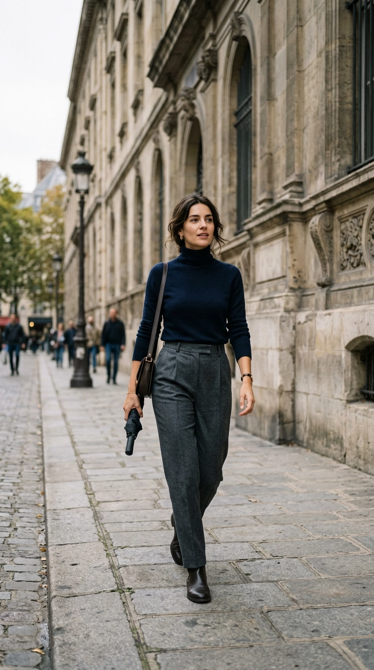 A woman in high-waisted tailored wool trousers and a tucked-in cashmere turtleneck walking near a classic stone building, photorealistic luxury editorial fashion street style, shot on 35mm lens, highly detailed, ultra-realistic, soft natural lighting, editorial aesthetic, no text, no typography, --ar 9:16