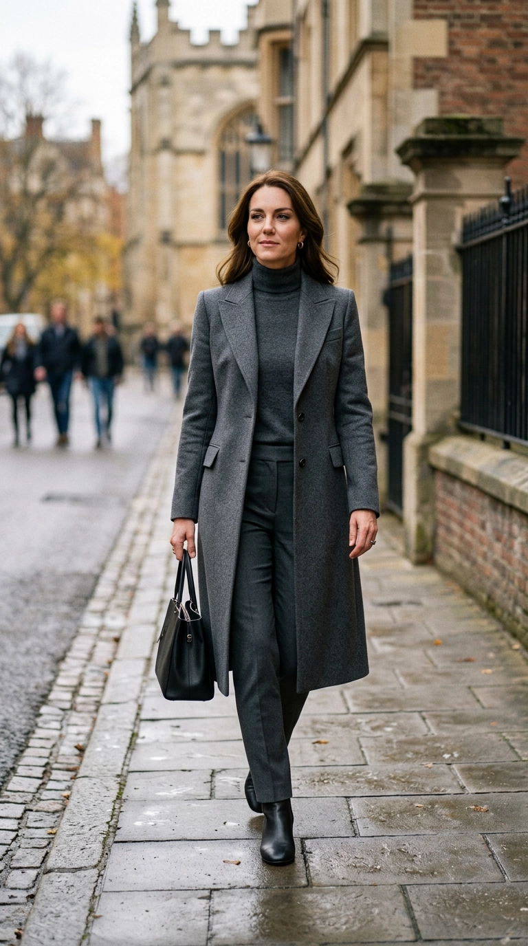 A chic woman in a streamlined tailored wool coat over a monochromatic ensemble, photorealistic luxury editorial fashion street style, shot on 35mm lens, highly detailed, ultra-realistic, soft natural lighting, editorial aesthetic, no text, no typography, --ar 9:16