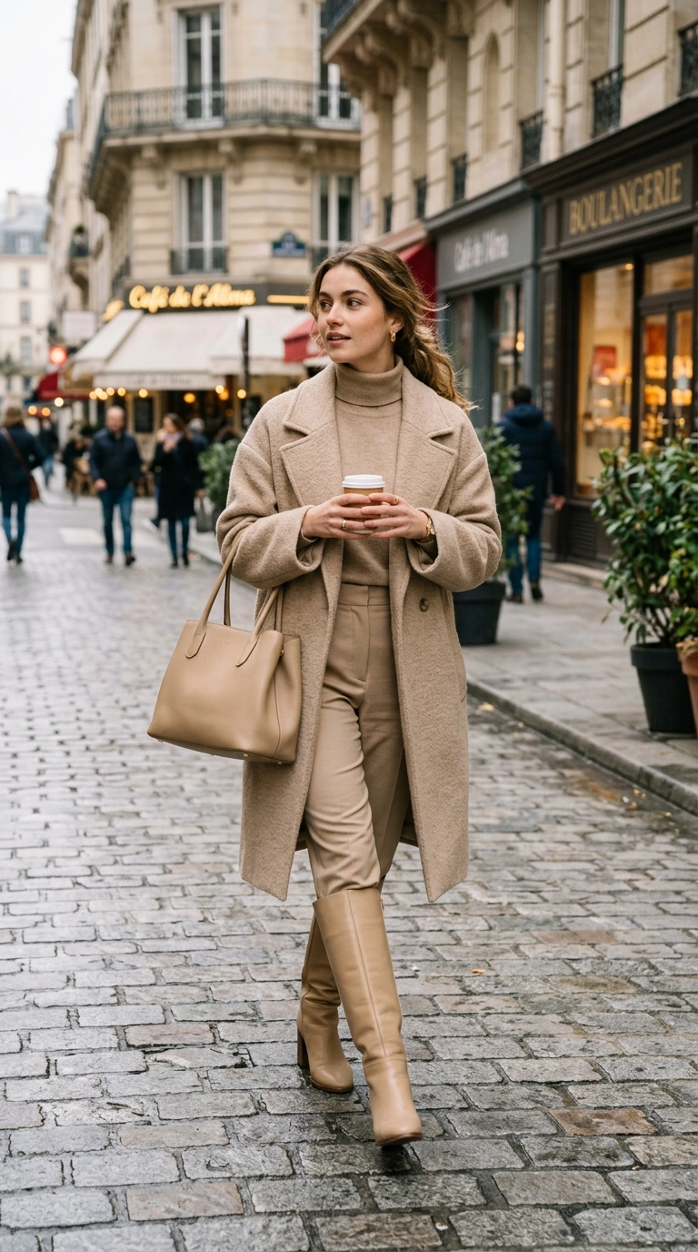 A model in a sophisticated monochromatic beige outfit with tall matching boots, photorealistic luxury editorial fashion street style, shot on 35mm lens, highly detailed, ultra-realistic, soft natural lighting, editorial aesthetic, no text, no typography, --ar 9:16