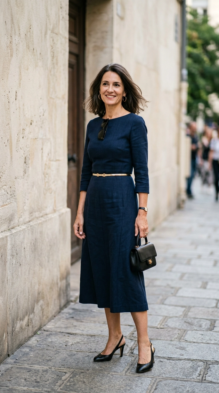 A chic woman over 40 wearing a structured navy midi dress with a defined waist and a delicate gold belt, standing against a minimalist limestone wall. Photorealistic luxury editorial fashion street style, shot on 35mm lens, highly detailed, ultra-realistic, soft natural lighting, editorial aesthetic, no text --ar 9:16