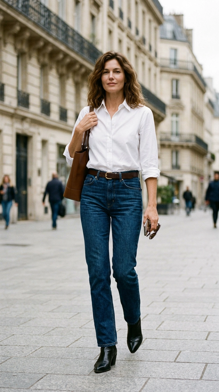 Full body shot of a woman in high-quality, dark wash straight-leg jeans, a tucked-in white button-down, and pointed-toe leather boots. Photorealistic luxury editorial fashion street style, shot on 35mm lens, highly detailed, ultra-realistic, soft natural lighting, editorial aesthetic, no text --ar 9:16