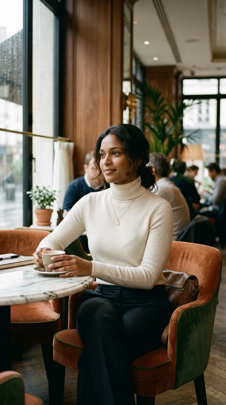 A woman wearing a perfectly fitted cashmere sweater that shows a smooth, lifted, and elegant silhouette, sitting in a luxury cafe. Photorealistic luxury editorial fashion street style, shot on 35mm lens, highly detailed, ultra-realistic, soft natural lighting, editorial aesthetic, no text --ar 9:16