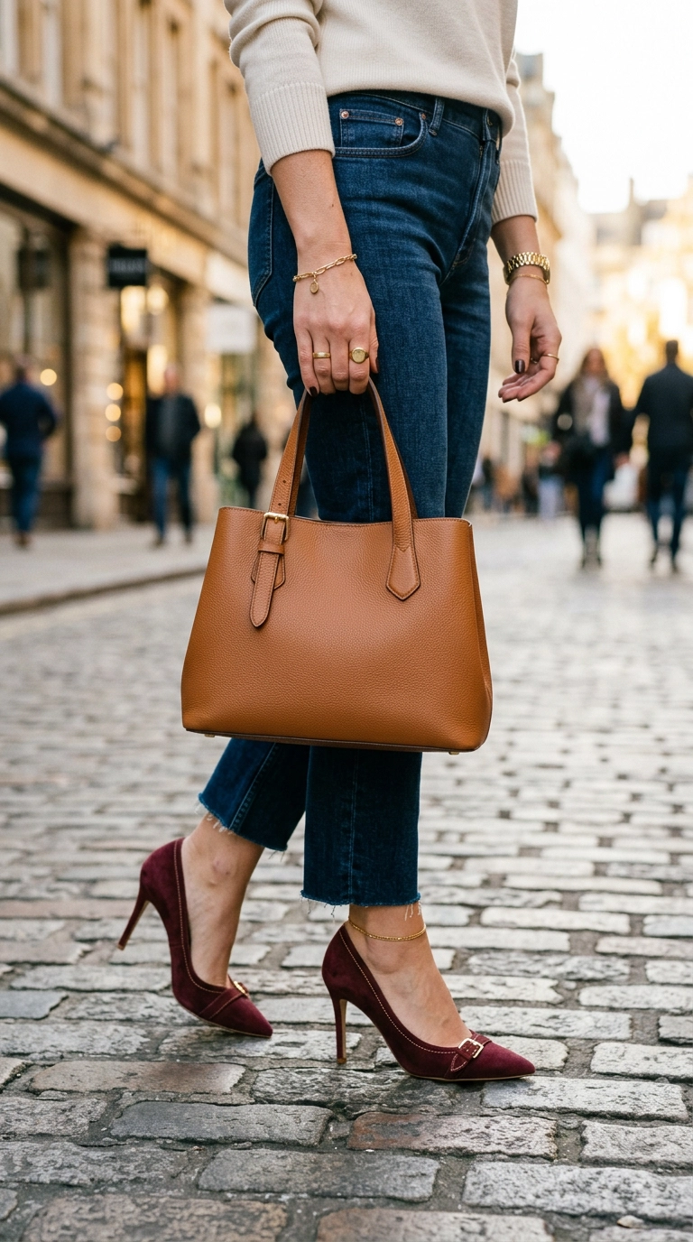 Close up of a woman's outfit featuring a tan leather handbag paired with burgundy suede heels and gold jewelry, showing a sophisticated mix of tones. Photorealistic luxury editorial fashion street style, shot on 35mm lens, highly detailed, ultra-realistic, soft natural lighting, editorial aesthetic, no text --ar 9:16