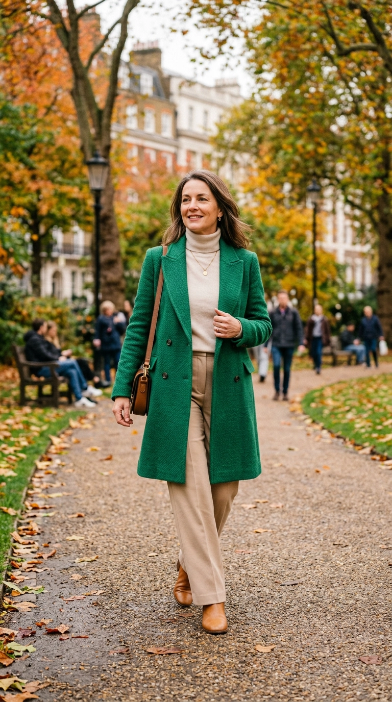 A woman in her late 40s wearing a vibrant emerald green wool coat over a neutral cream outfit, walking through a city park. Photorealistic luxury editorial fashion street style, shot on 35mm lens, highly detailed, ultra-realistic, soft natural lighting, editorial aesthetic, no text --ar 9:16