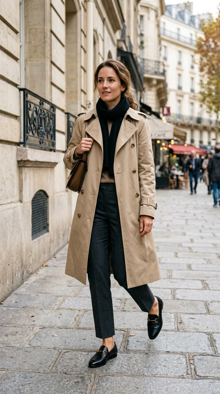 A woman wearing sleek, pointed-toe leather loafers with tailored trousers and a trench coat. Photorealistic luxury editorial fashion street style, shot on 35mm lens, highly detailed, ultra-realistic, soft natural lighting, editorial aesthetic, no text --ar 9:16