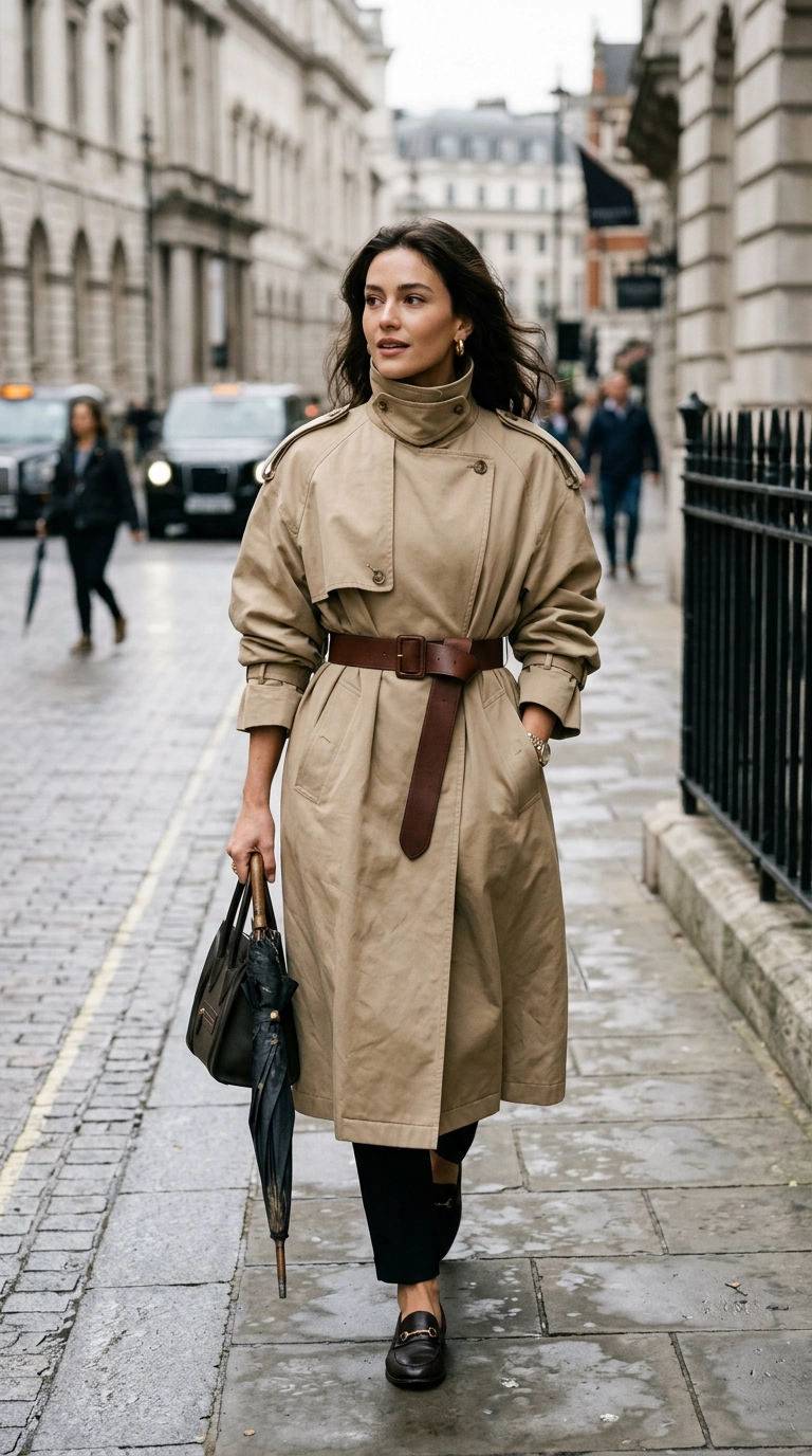 photorealistic luxury editorial fashion street style, shot on 35mm lens, highly detailed, ultra-realistic, soft natural lighting, editorial aesthetic. A woman in a large oversized beige trench coat cinched at the waist with a high-quality leather belt, silhouette showing an hourglass shape, no text --ar 9:16