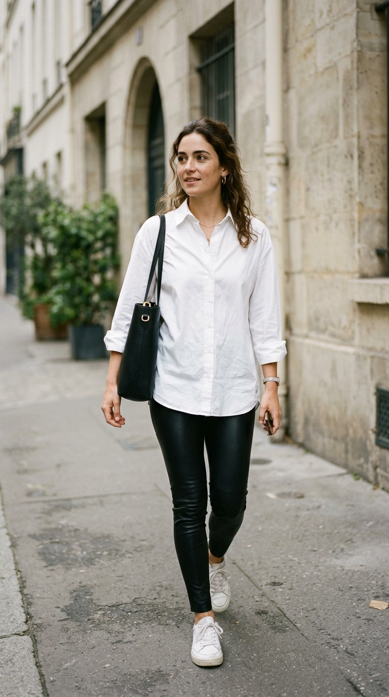 photorealistic luxury editorial fashion street style, shot on 35mm lens, highly detailed, ultra-realistic, soft natural lighting, editorial aesthetic. A woman wearing an oversized crisp white button-down shirt tucked into slim-fit black leather leggings, full body shot, minimalist background, no text --ar 9:16