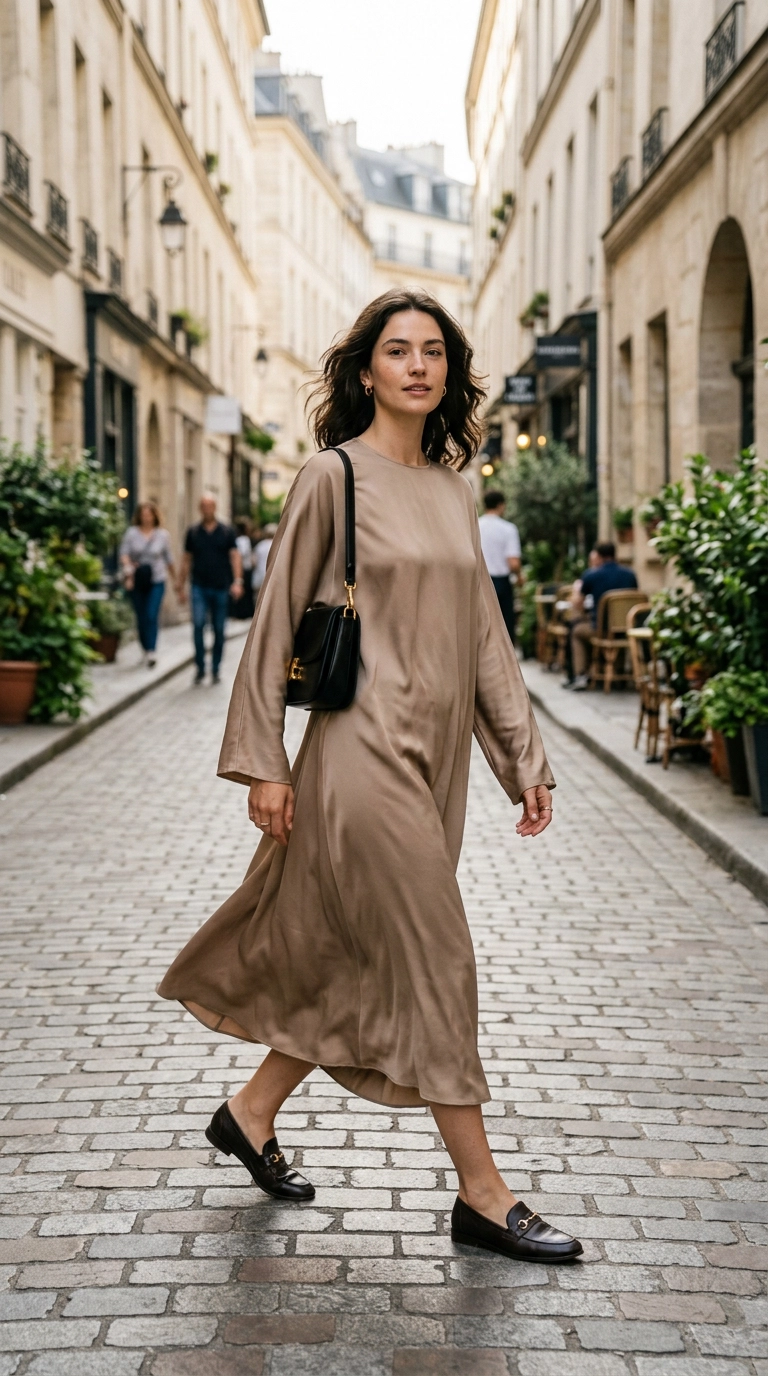 photorealistic luxury editorial fashion street style, shot on 35mm lens, highly detailed, ultra-realistic, soft natural lighting, editorial aesthetic. A woman wearing an oversized silk midi dress that drapes elegantly as she walks, soft fabric movement, high fashion photography, no text --ar 9:16
