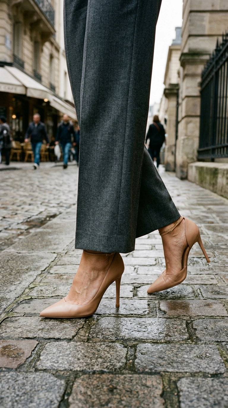 photorealistic luxury editorial fashion street style, shot on 35mm lens, highly detailed, ultra-realistic, soft natural lighting, editorial aesthetic. Close up of a woman's feet in pointed-toe nude heels paired with wide-leg grey trousers, clean lines, urban setting, no text --ar 9:16