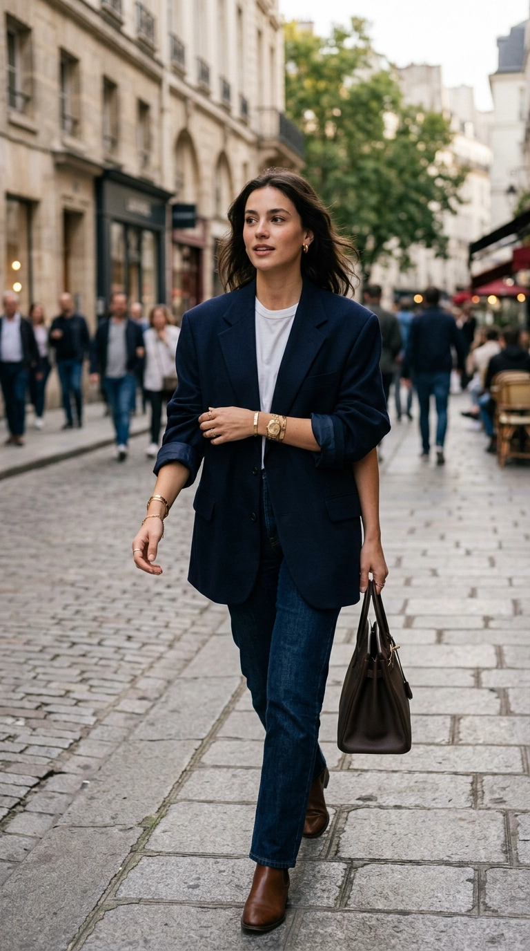 photorealistic luxury editorial fashion street style, shot on 35mm lens, highly detailed, ultra-realistic, soft natural lighting, editorial aesthetic. A woman in a large oversized navy blazer with sleeves rolled up to the mid-forearm, showing gold watches and bracelets, casual but polished, no text --ar 9:16
