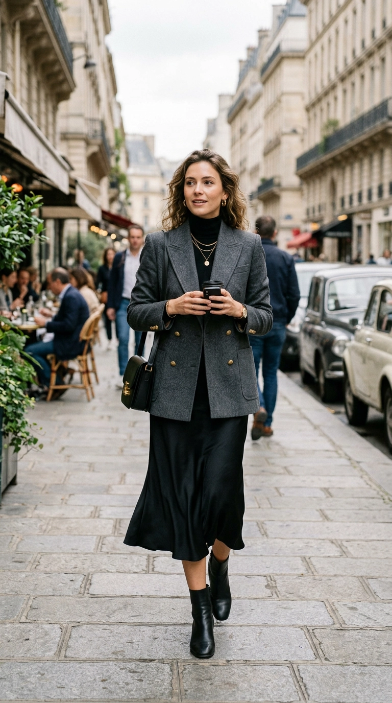 Photorealistic luxury editorial fashion street style, shot on 35mm lens, highly detailed, ultra-realistic, soft natural lighting, editorial aesthetic. A woman wearing an intentional mix of high-end textures, featuring a silk midi skirt paired with a structured wool blazer in complementary tones. No text or typography. --ar 9:16