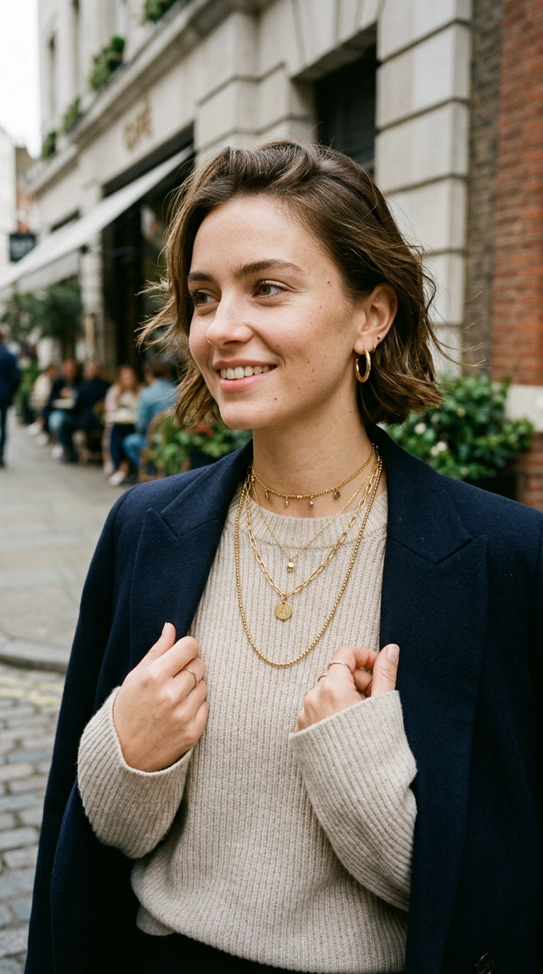 Photorealistic luxury editorial fashion street style, shot on 35mm lens, highly detailed, ultra-realistic, soft natural lighting, editorial aesthetic. Close up of a woman wearing layered gold necklaces of varying lengths and minimalist earrings, looking fresh and contemporary. No text or typography. --ar 9:16