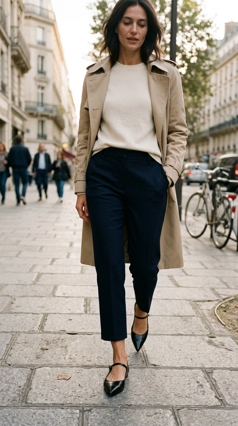 Photorealistic luxury editorial fashion street style, shot on 35mm lens, highly detailed, ultra-realistic, soft natural lighting, editorial aesthetic. A woman wearing sleek pointed-toe leather flats with cropped trousers on a city sidewalk. No text or typography. --ar 9:16