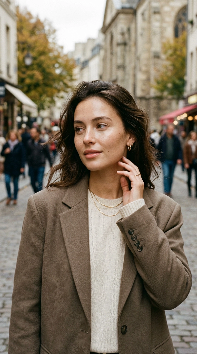 Photorealistic luxury editorial fashion street style, shot on 35mm lens, highly detailed, ultra-realistic, soft natural lighting, editorial aesthetic. Close up of a woman with glowing, dewy skin and minimal makeup, highlighting a natural and refreshed face. No text or typography. --ar 9:16