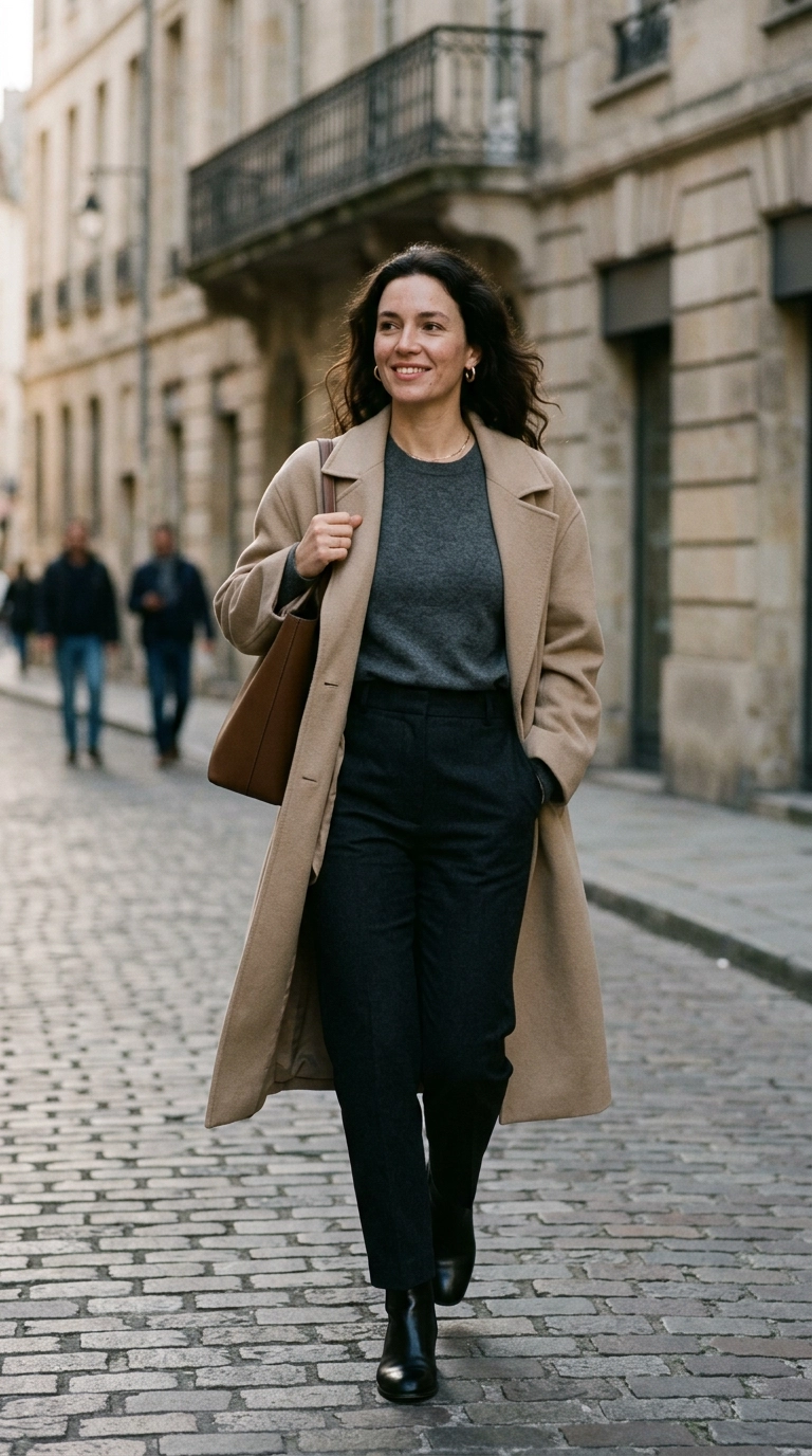 Photorealistic luxury editorial fashion street style, shot on 35mm lens, highly detailed, ultra-realistic, soft natural lighting, editorial aesthetic. A woman in a perfectly fitted cashmere sweater showing a smooth, lifted, and elegant silhouette. No text or typography. --ar 9:16
