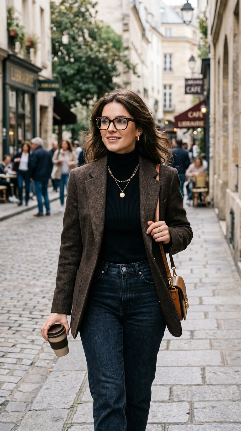 Photorealistic luxury editorial fashion street style, shot on 35mm lens, highly detailed, ultra-realistic, soft natural lighting, editorial aesthetic. A woman wearing modern, thick-rimmed tortoiseshell glasses that perfectly complement her face shape. No text or typography. --ar 9:16