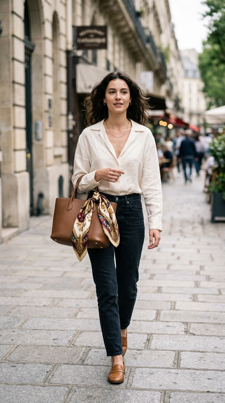 Photorealistic luxury editorial fashion street style, shot on 35mm lens, highly detailed, ultra-realistic, soft natural lighting, editorial aesthetic. A woman with a silk scarf tied loosely to her handbag, wearing an open-collar shirt that shows her neckline. No text or typography. --ar 9:16