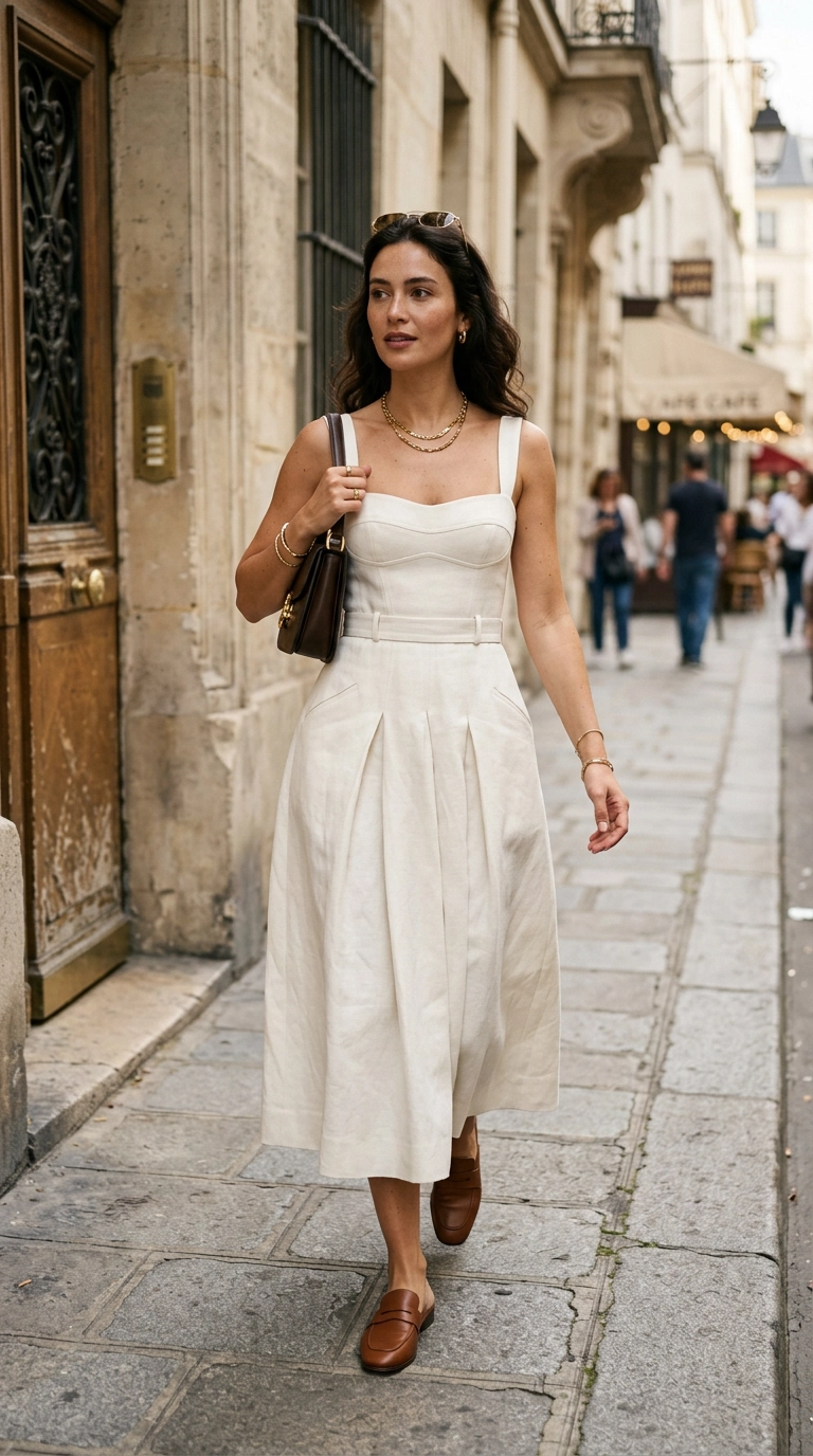 Photorealistic luxury editorial fashion street style, shot on 35mm lens, highly detailed, ultra-realistic, soft natural lighting, editorial aesthetic. A woman wearing a structured heavy linen dress that maintains its shape and smooths her silhouette. No text or typography. --ar 9:16