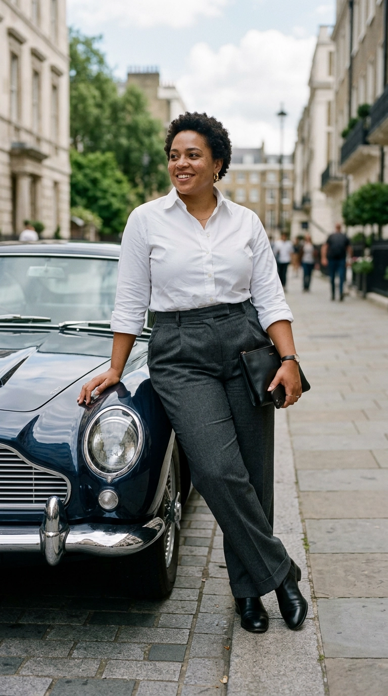 Photorealistic luxury editorial fashion street style of a plus-size woman wearing custom-tailored charcoal grey suit trousers and a crisp white button-down, leaning against a luxury car, shot on 35mm lens, highly detailed, ultra-realistic, soft natural lighting, editorial aesthetic, no text --ar 9:16