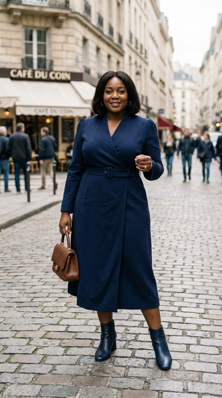 Photorealistic luxury editorial fashion street style of a plus-size woman in a perfectly fitted navy blue midi dress with a cinched waist, standing on a cobblestone street, shot on 35mm lens, highly detailed, ultra-realistic, soft natural lighting, editorial aesthetic, no text --ar 9:16