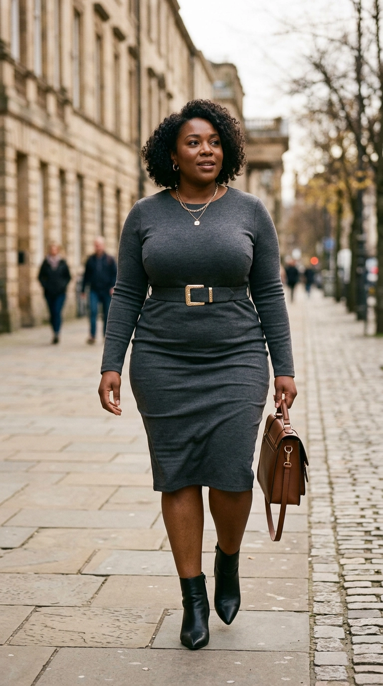 Photorealistic luxury editorial fashion street style of a plus-size woman wearing a heavy-weight ponte knit sheath dress with a gold belt, shot on 35mm lens, highly detailed, ultra-realistic, soft natural lighting, editorial aesthetic, no text --ar 9:16