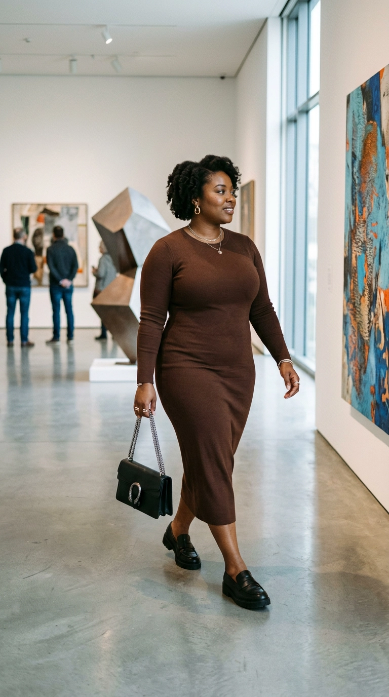 Photorealistic luxury editorial fashion street style of a plus-size woman in a sleek, smooth knit dress that fits perfectly, walking through a modern art gallery, shot on 35mm lens, highly detailed, ultra-realistic, soft natural lighting, editorial aesthetic, no text --ar 9:16