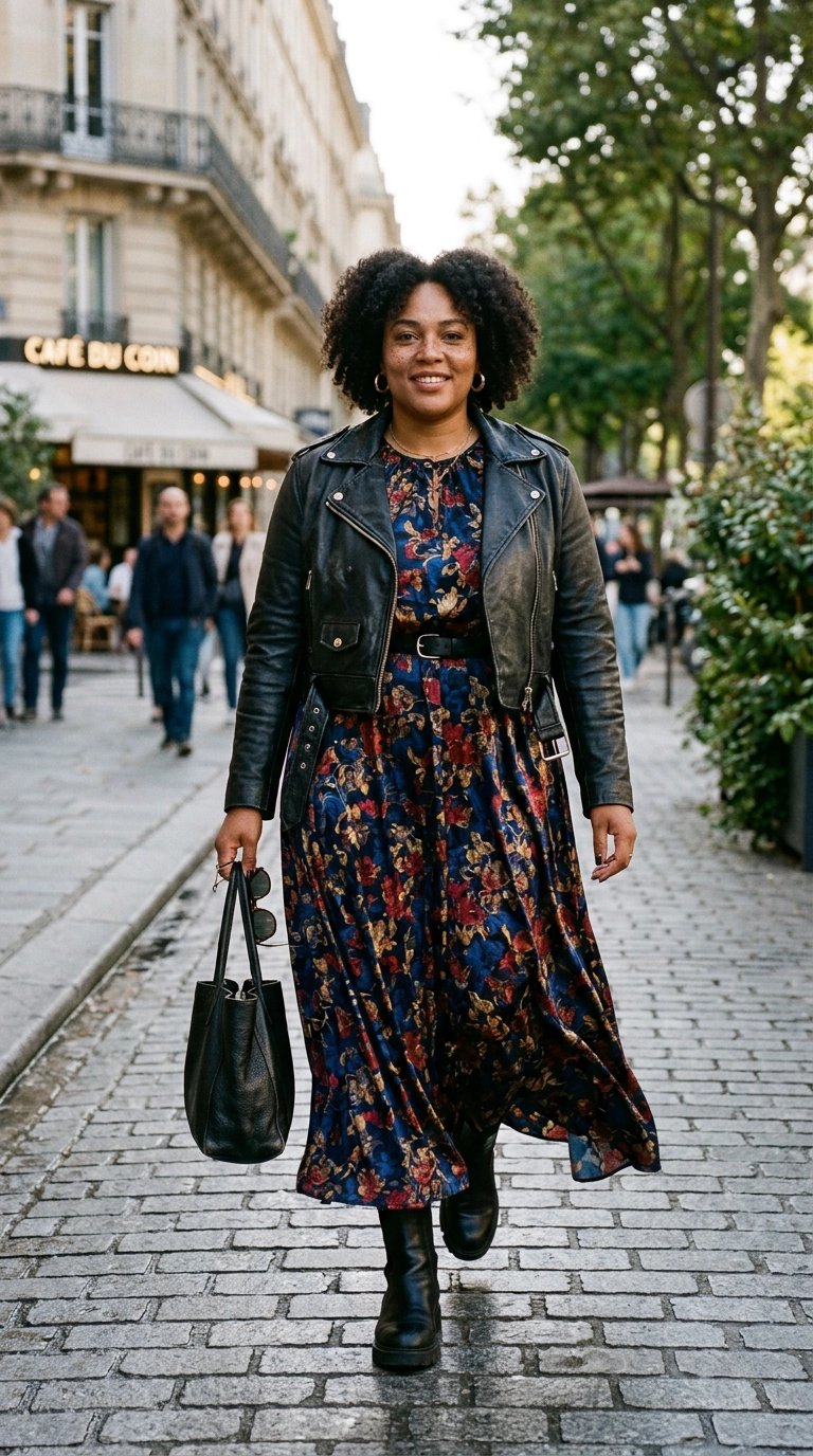 Photorealistic luxury editorial fashion street style of a plus-size woman wearing a cropped leather jacket over a long maxi dress, creating a balanced silhouette, shot on 35mm lens, highly detailed, ultra-realistic, soft natural lighting, editorial aesthetic, no text --ar 9:16
